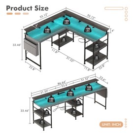 L Shaped Gaming Desk with LED Lights, 55 Inch Computer Desk ith Power Outlet, USB Charging Ports, Headphone Hook, Storage Shelves, Side Storage Bag, Ergonomic Studio Desk, Gaming Table, Dark Grey