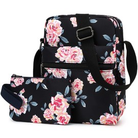 Leaper Girls Crossbody Purses 2PCS for Kids Organizer Messenger Bag Women Floral Crossbody Bag and Purse Set Black