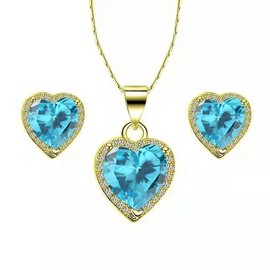 Blue 2 10k Yellow Gold Heart 2 Ct Created Blue Topaz Full Set Necklace 18 inch Plated