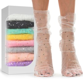 Sheer Slouch Tulle Socks Set for Women | 8 Pairs of Shiny Glitter Decorated Loose Socks with Stars & Moon - Ankle High, Breathable, Comfortable, and Trendy in Assorted Colors (US sizes 5-8)