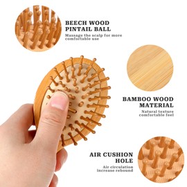 Small Bamboo Brush for Hair Growth, Natural Wooden Scalp Brush, Mini Hair Scalp Massager, Detangling Hair Brush for Women, with Handle Design and Anti-Static Round Wooden Pins