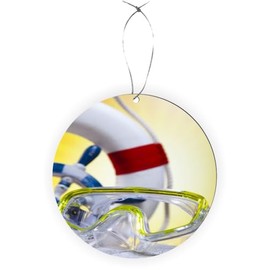 Sam Sandor - Swim Goggles and Life Ring by Pool Design - Round Scallop Ornament -Rearview Mirror Hanging Accessory, Car Accessories - Christmas Ornament - Christmas Ornament