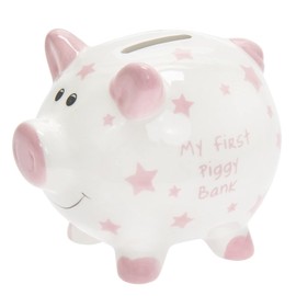 'My First Piggy Bank' Money Box White with Stars 12cm - Pink
