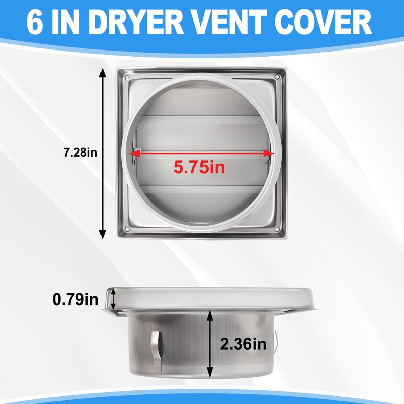 6" Metal Outdoor Dryer Vent Cover, Stainless Steel Exhaust Vent