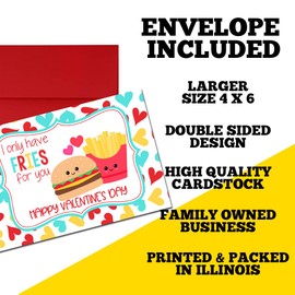 Burger & Fries I Only Have Fries for You Valentine Pun Themed Single All Occasion Blank Valentine's Day Card To Send To Friends & Family, 4"x 6" (when folded) Fill In Greeting
