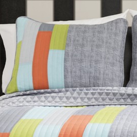 Lush Decor Shelly Stripe Quilt | Modern Geometric Pattern Reversible 3 Piece Bedding Set - Full/Queen - Orange & Gray