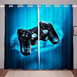 Loussiesd Children's Boys Opaque Curtains Gamepad Print Curtains Blue Game Theme Window Curtain Video Game Action Buttons 137 x 117 cm for Teenagers Microfibre Curtains Decor 2 Panels