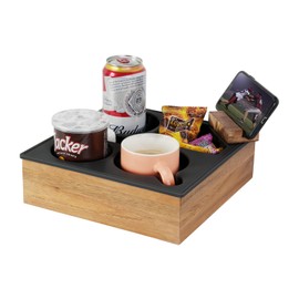 Couch Cup Holder Tray, Hitseon Soft Food Grade Silicone Acacia Wooden Couch Caddy for Bed Car Seat Beach Organizer, Waterproof Anti-spill Couch Drink Holder for Snacks Beverage Remote (Black)