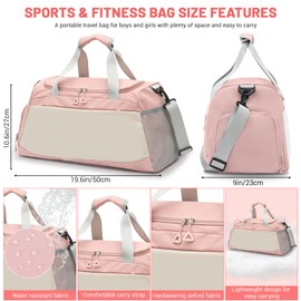 Sports Gym Bag with Wet Pocket & Shoe Compartment, Waterproof Travel Duffel Bags for Women Men, Weekender Carry on Overnight Tote Workout Bag for Yoga Swimming Hospital (Pink)