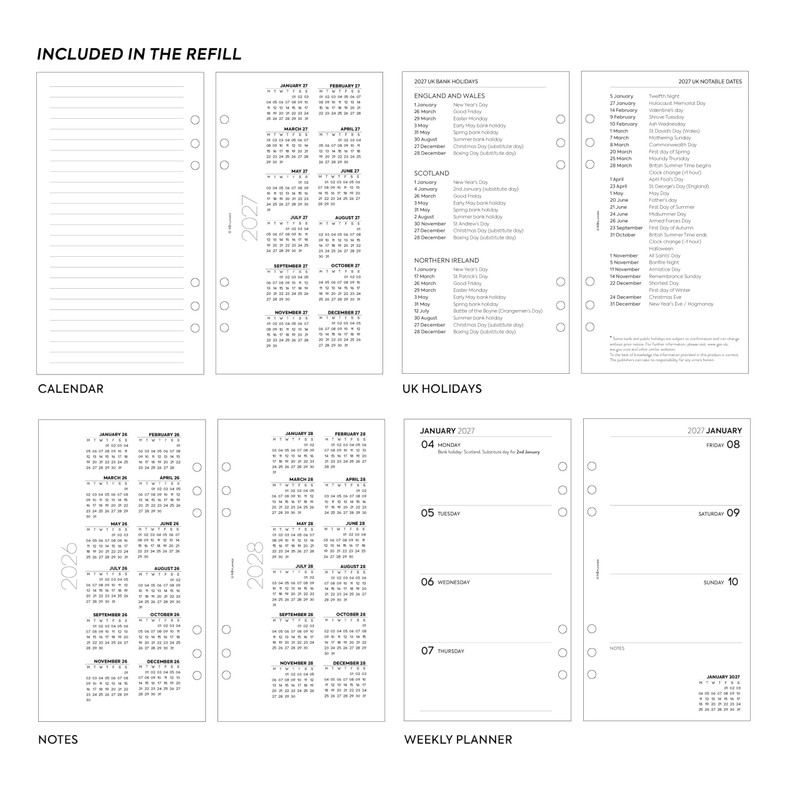 2027 Week on Two Pages Diary Refill Compatible with Filofax