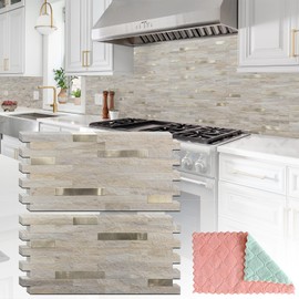 StyloVue 20 Sheets Kitchen Peel and Stick Backsplash Tiles, Beige with Metal Gold Look Stick on Backsplash for Kitchen, RV, Fireplace