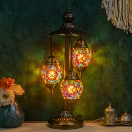 Marrakech Turkish Lamp 3 Globes Moroccan Table Lamp with Bronze Base, 23" Tall Handmade Colorful Tiffany Mosaic Glass Night Light Fixture Including LED Bulb for Living Room Bedroom Decor