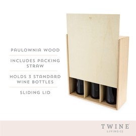Twine Paulownia Wood Wine Large Gift Box, Festive Wine Wooden Box, Wine Boxes for Gifts, Wood Box, Wine Bottle Gift Box, Wine Storage, Wine Bottle Box, Wine Accessories, Fits 3 Standard Wine Bottles