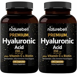 NatureBell Paquete de 2 Suplementos de Ácido Hialurónico a Base de Plantas de 250mg con 25mg de Vitamina C y Biotina de 5000mcg, 480 Cápsulas Totales 