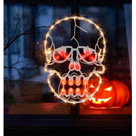 TWINGLEHOME 13.3" Lighted Skull Halloween Window Silhouette, 50 Mini Lights Plug-in Decoration with Suction Cup, Easy Hang Party Sign for Dorm, Apartment, Office