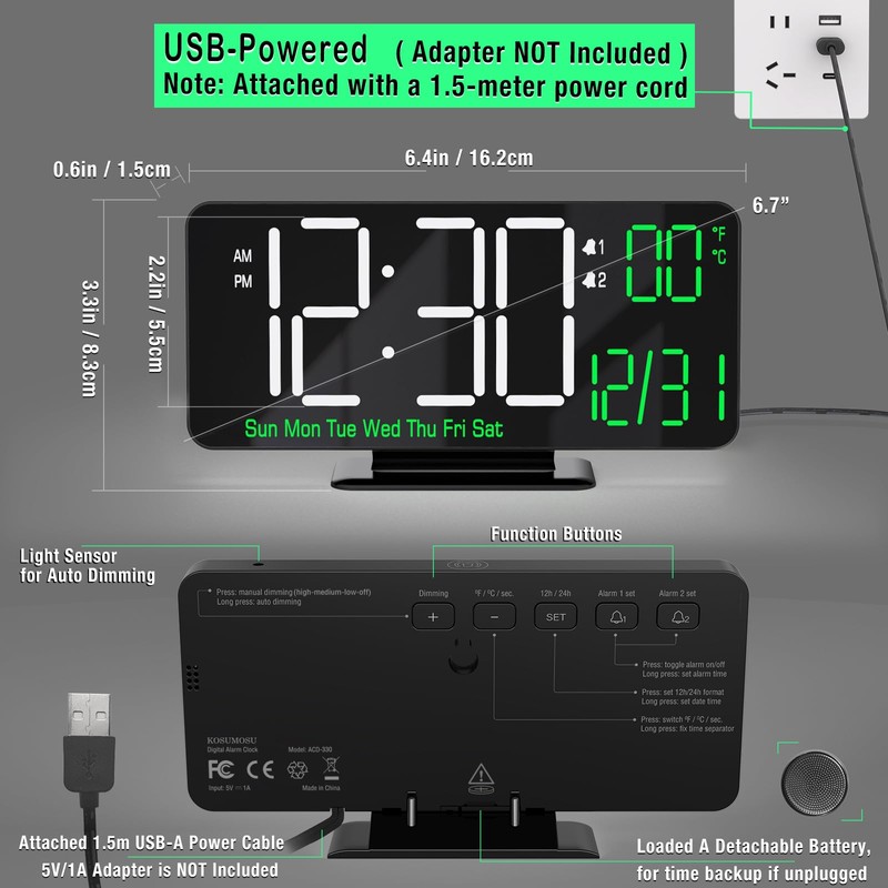 KOSUMOSU Digital Clock for Bedroom, 6.7in Black Alarm Clocks for