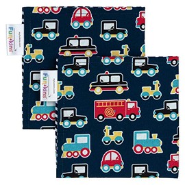 Funkins Reusable Cloth Napkins for Kids | 12”x12”, 2-Ply, Thick, Absorbent, Durable | Machine Washable | Name Tag | Soft Cotton Fabric | Great for School Lunchboxes | Set of 2 Napkins | Transportation