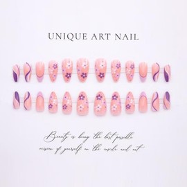 Floral Press on Nails Almond Shape Fake Nails Purple with Wave Curve Design Glossy Glue on Nails French Tip Nail Press ons Artificial Acrylic Nail Nude Stick on Nails foe Women Spring Manicure 24Pcs