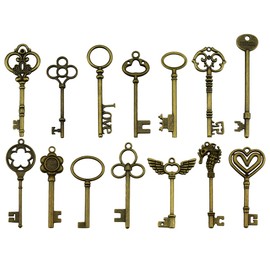 (Set of 30) Mixed Vintage Old Look Skeleton Key Fancy Heart Bow Necklace Pendant