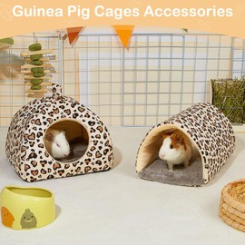 Guinea Pig Hideout, Bienbee Rabbit Bed with Guinea Pig Tunnel, 2 Pack Guinea Pig Toys Set Guinea Pig House Rabbit Hideout Guinea Pig Accessories for Hamster Ferret Rabbit Bunny Light Khaki Leopard