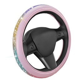 Carbella Leatherette Crystal Bling Steering Wheel Cover for Car SUV, Glitter Sparkle Rhinestone Cute Car Accessories for Women Universal Fit Standard Size (Fits 14.5"-15") - Pink w/Rainbow Bling