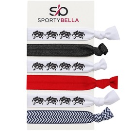 Theater Hair Ties Set – 6pc No-Crease Elastic Ponytail Holders with Drama Masks Design, Red Accent, Black Glitter, Chevron Pattern – SportyBella Performing Arts Accessories