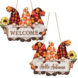 Hello Autumn Decorations - Double Sided Gnomes Wooden Hanging Plaque for Autumn House Decor, Pumpkins Maple Sunflower Autumn Sign Gifts for Thanksgiving Autumn Home Decorations Accessories