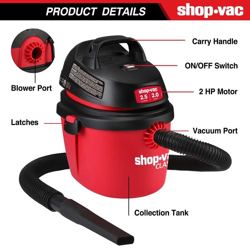 Shop-Vac 2.5 Gallon 2.0 Peak HP Wet/Dry Vacuum, Portable Compact