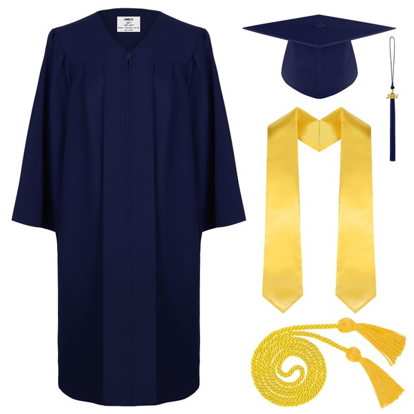 Aneco 2023 - Vestido de graduación unisex mate para adultos, con borlas, para escuela secundaria y soltero, marino, 45