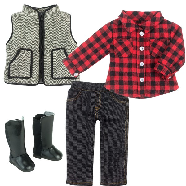 Teamson Kids Sophia’s 4 Piece Baby Dolls Clothes Set, 18" Doll Red Cowgirl Checked Shirt, Country Gilet and Jeggings with Doll Boots, Doll Not Included