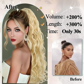 BHF Ponytail Extension - Long Curly Hair Extensions Ponytail Hair Pieces for Women Clip in Ponytail Hair Extensions Synthetic Drawstring Ponytail Long Wavy Fake Ponytail for Daily Use 26inch（p18/613#）