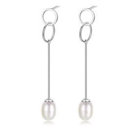 Peiyo Pearl Earrings Dangle Thread Earrings S925 Sterling Silver Double Ring Line Inlaid Pearl Stud Earrings Simple Romantic Earrings Wedding Earrings