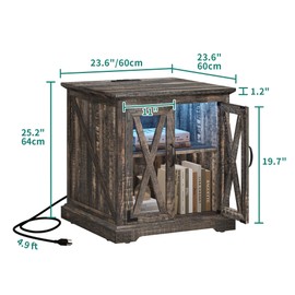 DWVO Farmhouse End Table, Sofa Side Coffee Table with Charging Station and LED Lights, Nightstand with Adjustable Storage Shelf, Bedside Table for Living Room, Bedroom, Dark Oak