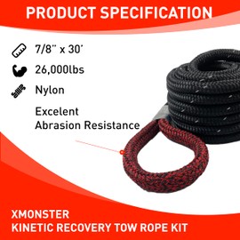 X MONSTER 7/8“x30' Kinetic Recovery Rope & 100% Nylon Towing Rope 29,000lbs Breaking Strength with 2 Soft Shackles (40,000lbs), Free Durable Heavy Duty Handbag Off-Road Recovery Kits