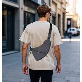 VARLIVOO Small Sling Bag Expandable Shoulder Bag Crossbody Bag Waterproof Chest Bag for Men With Headphone Hole Sling Backpack for Travel Hiking Cycling Polyester Grey