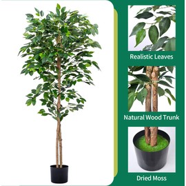 HAIHONG 2Packs 5FT Ficus Trees Artificial with Realistic Leaves and Natural Trunk, Faux Ficus Tree with Plastic Nursery Pot, Fake Ficus Tree for Office Home Decor Indoor Outdoor (New Type)