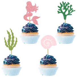 UXYOKM 24Pcs Mermaid Cupcake Toppers Glitter Mermaid Seaweed Coral Sea Snail Cupcake Picks Baby Shower Under the Sea Mermaid Theme Birthday Party Decorations Supplies