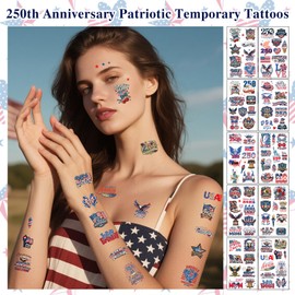 250th Anniversary Patriotic Temporary Tattoos - 10 Sheets 1776-2026 USA Semiquincentennial Party Favors - Fourth of July American Flag Tattoos - Red, White & Blue Celebration Decals