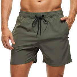 FEOYA Men's Quick Dry Swim Shorts with Mesh Ling Zipper Pockets for Surfing Beach Sun Bathing US XS Army Green