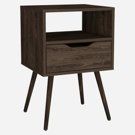 Tuhome Otom Nightstand, Superior Top, One Open Shelf, One Drawer, Four Legs -Dark Walnut