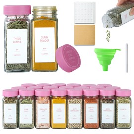 TESUNMU Pink Spice Jars with Label，4oz Seasoning Containers, Glass Spice Bottles with Shaker Lids,Funnel, Chalk Pen(Pink, 36)