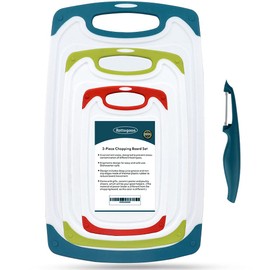 Cutting Boards for Kitchen, Plastic Chopping Board Set of 4 with Non-Slip Feet and Deep Drip Juice Groove, Easy Grip Handle, Dishwasher Safe