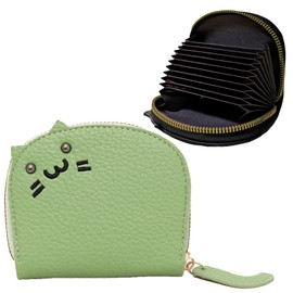 SFTRADE Credit Card Case, Card Case, With Coin Purse, Cute Pigs, Cats, Thin, Slim, Lightweight, Large Capacity, Holds 11 Pu Characters, Women's, Men's, Skimming, Magnetic Protection, green