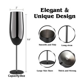 Haniforever Champagne Glasses Set of 2,7.5oz Stemmed Stainless Steel Unbreakable Champagne Flutes, Vintage Goblet Metal Wine Glasses for Drinking Toasting Anniversary Wedding Christmas,Black