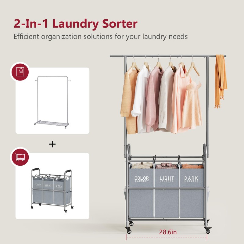 Tajsoon Laundry Sorter with Hanging Bar, 3 Section Rolling Laundry