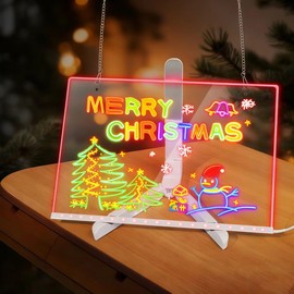 LED Drawing Board with 7-Colors, Upgraded Multi Accessory LED Note Board,Equipped with Stand,8 Colored pens (with Eraser Caps),Adapter, Hook, Chain, Spray Bottle, Cloth and Sketchbook (12x“8”)
