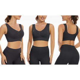 Lemef 2-Pack Seamless Sports Bra Wirefree Yoga Bra with Removable Pads for Women (Large, 2*Black)