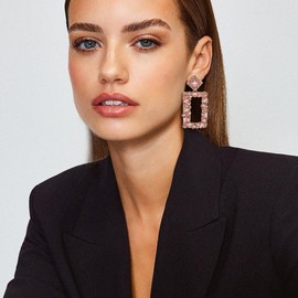 BriLove Statement Drop Earrings Art Deco Rhinestone Marquise Rectangle Crystal Geometric Dangle for Women Peach Morganite Color Rose-Gold-Toned