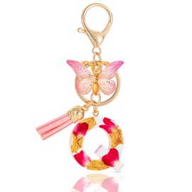 MWOOT Letter Keychain Initial Keyring Letter, Alphabet Resin Letter with Flower Key Chain with Butterfly Tassel Pendant Handbag Charm, Pink Petal Keyring for Women, Pink-Q