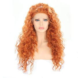 Long Curly Lace Front Wig for Women Orange and Red Synthetic Lace Front Wig with Free Part Long Water Wave Lace Front Orange Wigs for Brave Merida Cosplay